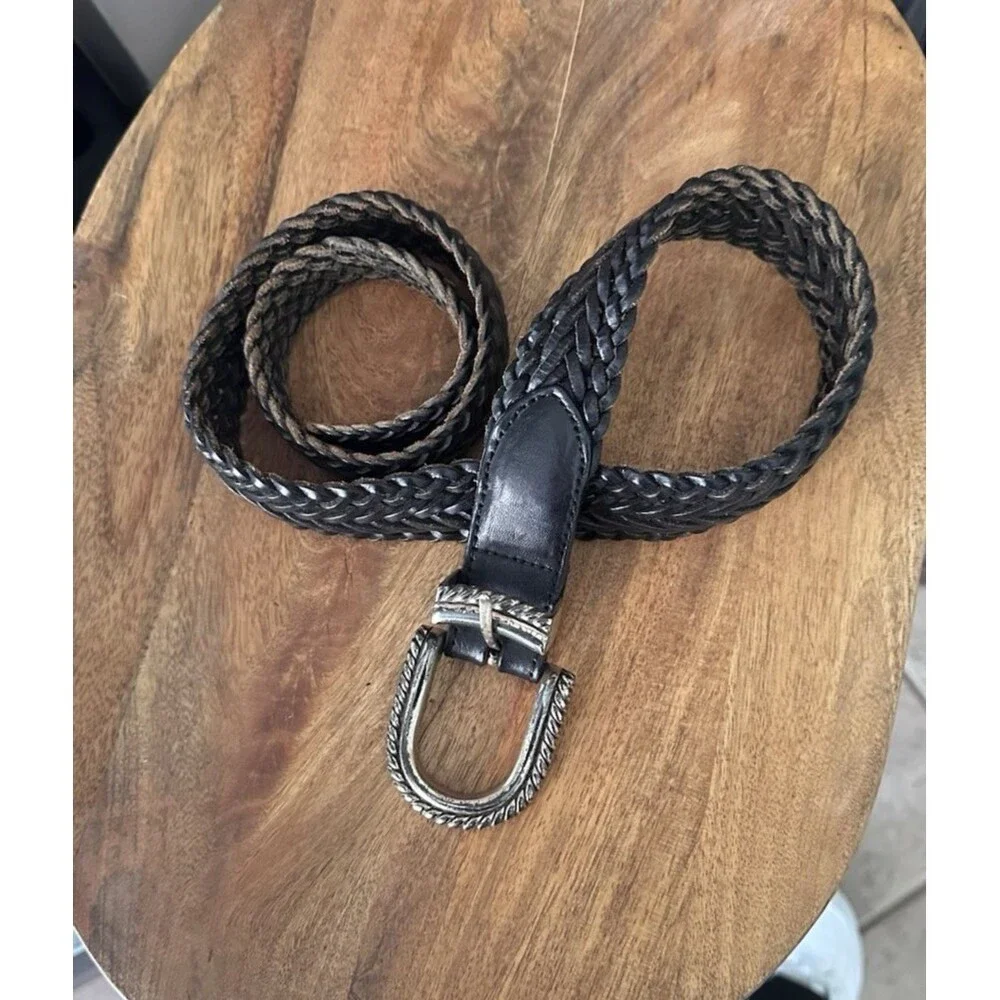 VTG Leather Shop Belt Womens L Woven Black  Covered Buckle‎ Safari Boho